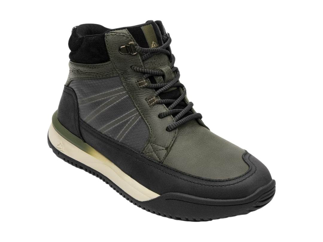 Botín Flexi color olivo y negro con detalles en beige y cordones, estilo casual.