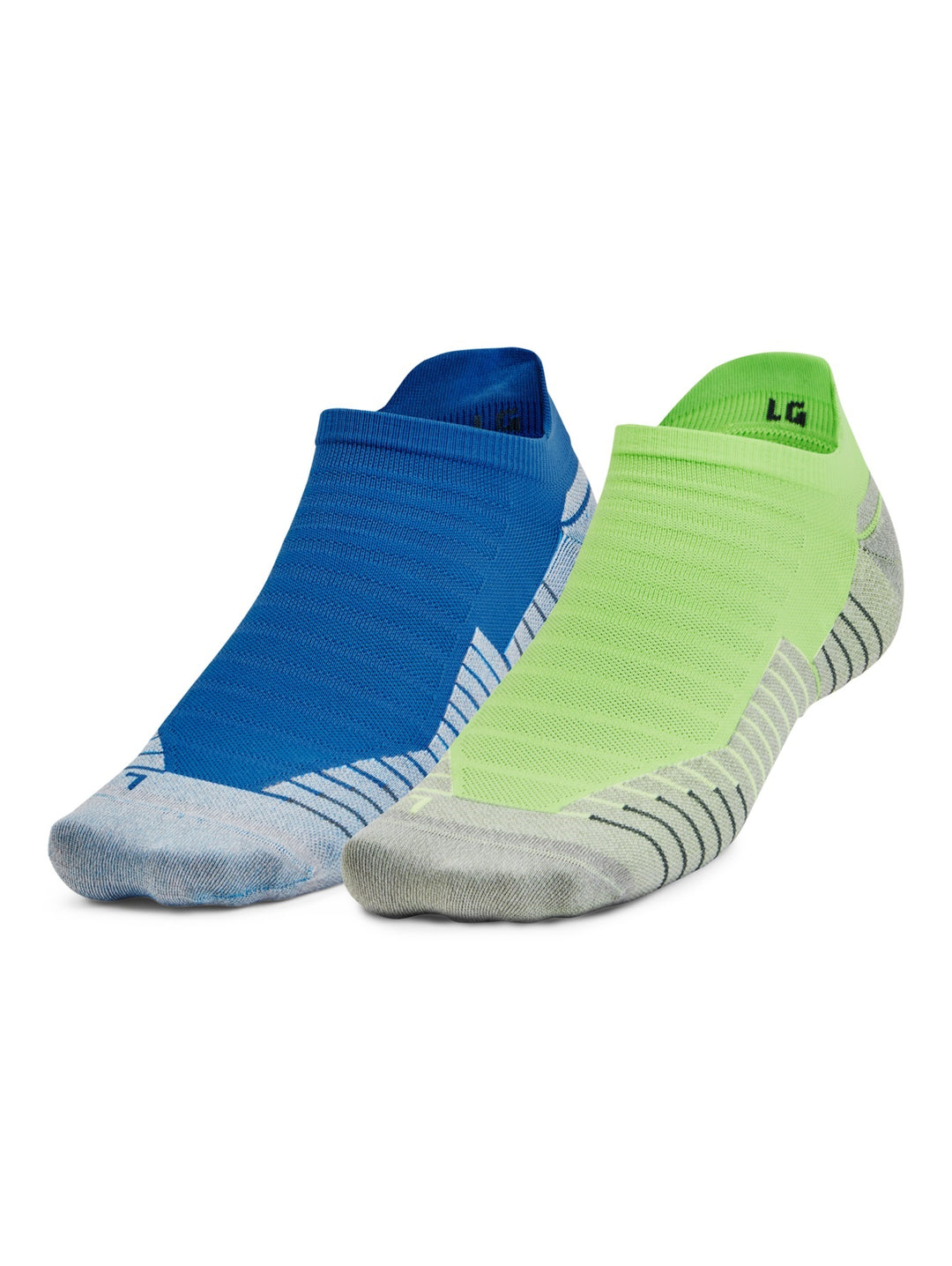 Pack de dos pares de calcetines deportivos Under Armour modelo No Show en colores azul y verde lima con detalles grises.