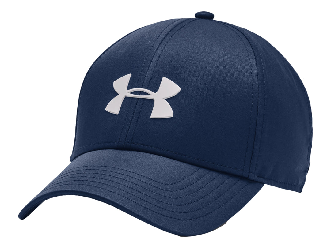Gorra deportiva Under Armour en color azul academy con logotipo frontal en color blanco.