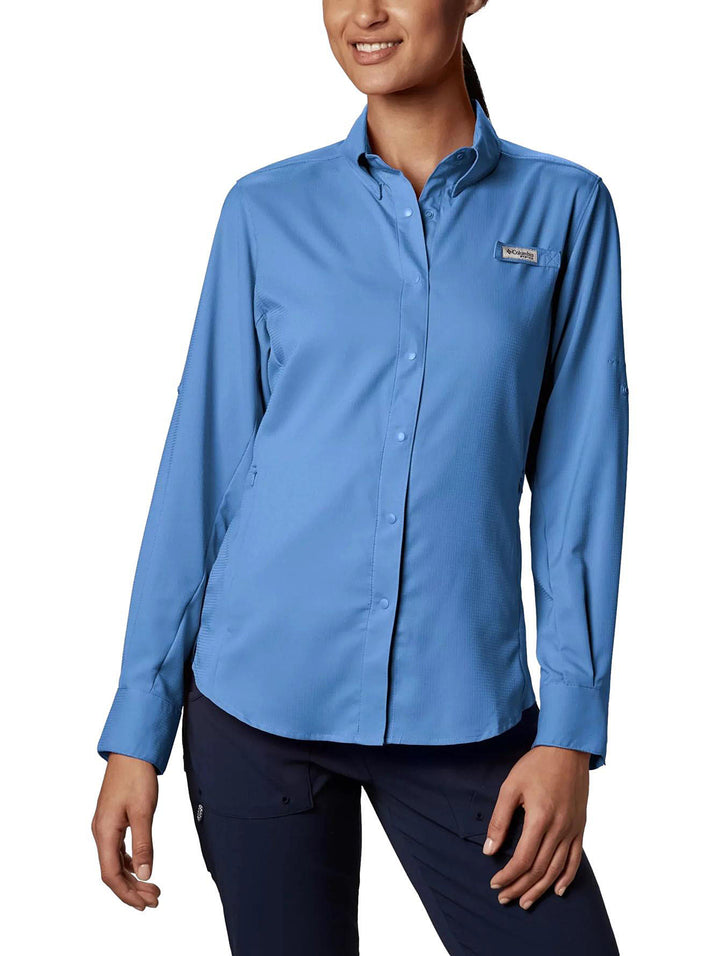 Camisa Columbia PFG Tamiami II de manga larga en color azul para mujer.