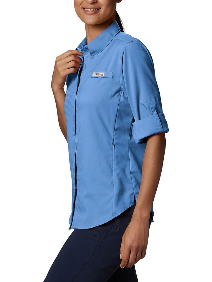 Camisa Columbia PFG Tamiami II de manga larga en color azul para mujer.