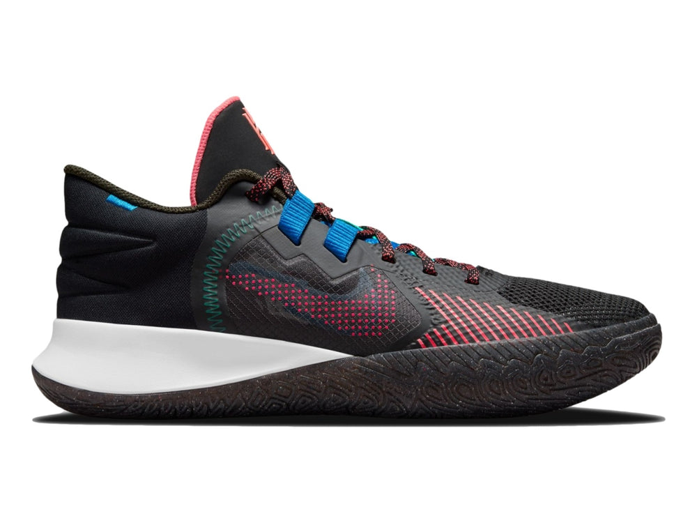 Tenis de baloncesto Nike Kyrie Flytrap V color negro con detalles en rosa, verde y blanco.