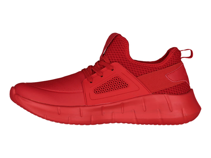 Tenis deportivos Charly de color rojo con detalles de malla y suela gruesa.