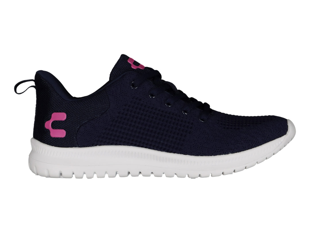 Tenis deportivos Charly color azul marino con suela blanca y detalles en rosa.