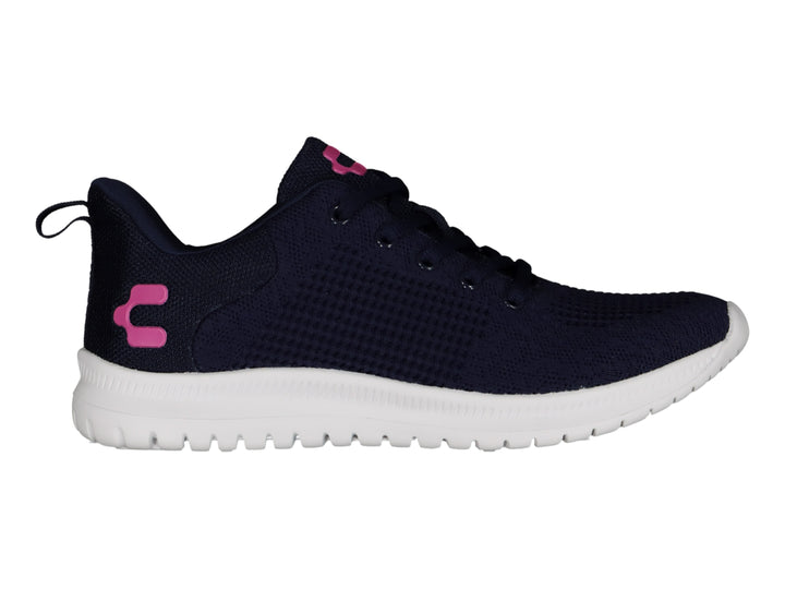 Tenis deportivos Charly color azul marino con suela blanca y detalles en rosa.