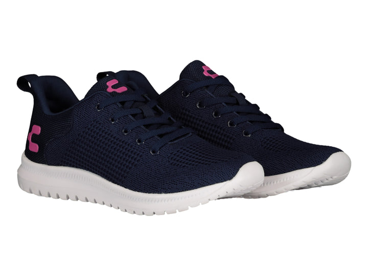 Tenis deportivos Charly color azul marino con suela blanca y detalles en rosa.