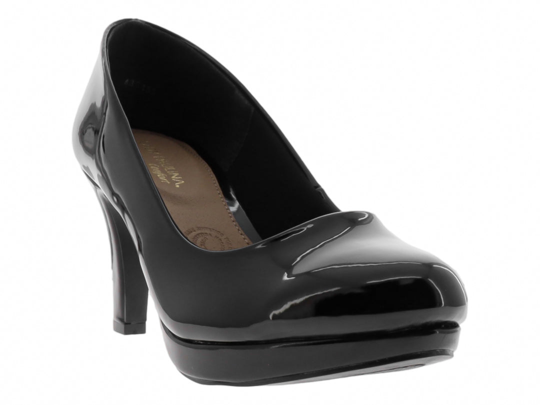 Zapato de tacón alto y plataforma en color negro charol brillante para mujer.