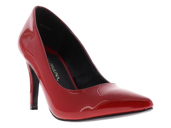 Zapato de tacón alto color rojo brillante de material charol con punta fina.