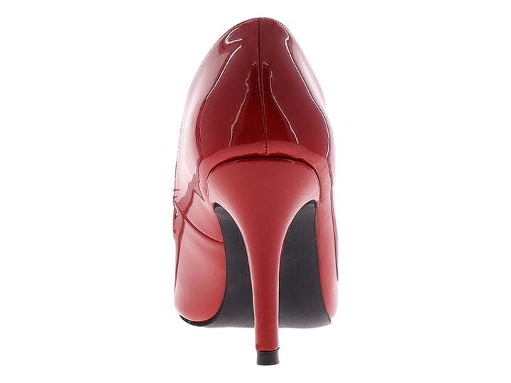 Zapato de tacón alto color rojo brillante de material charol con punta fina.