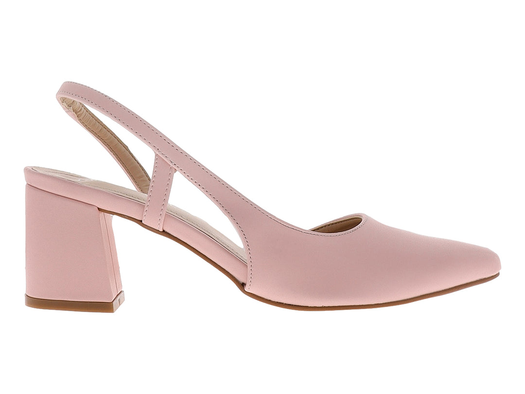 Zapato de tacón grueso color rosa candy con diseño slingback y punta redondeada para mujer.