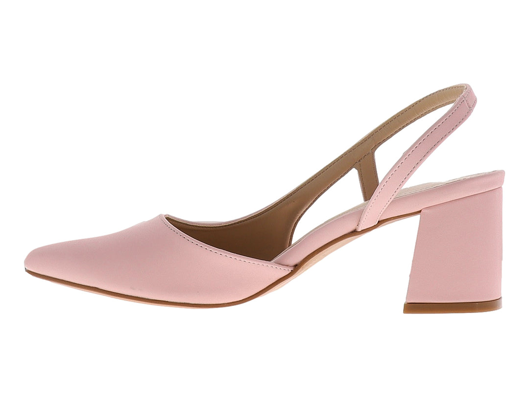 Zapato de tacón grueso color rosa candy con diseño slingback y punta redondeada para mujer.