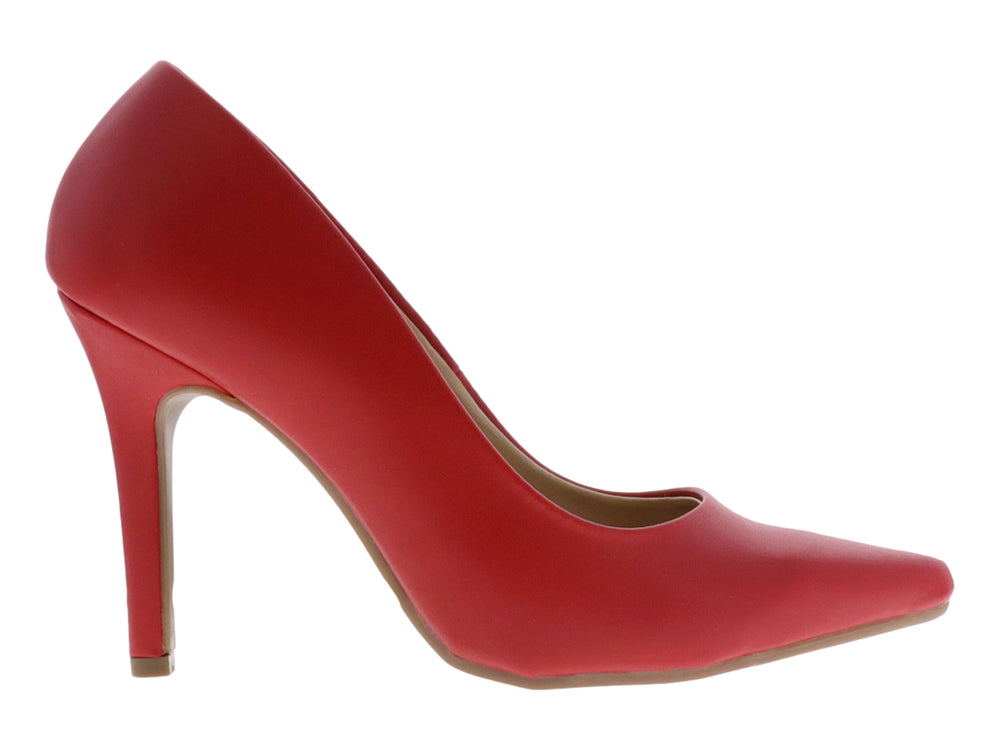 Zapato de tacón alto color rojo con punta fina y acabado liso.
