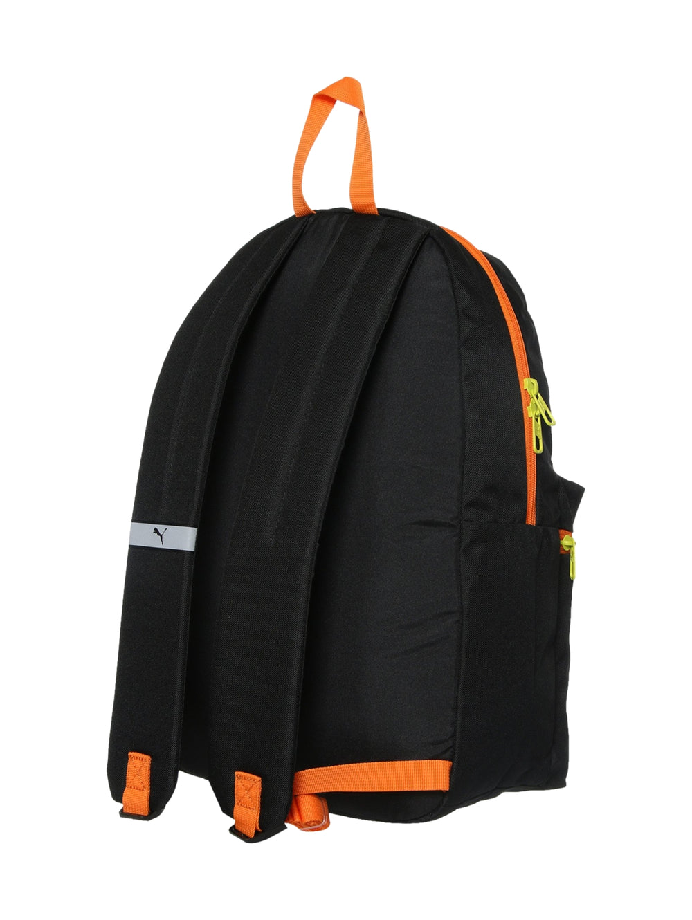 Set de mochila escolar PUMA color negro con detalles en naranja neón y estuche pequeño a juego.