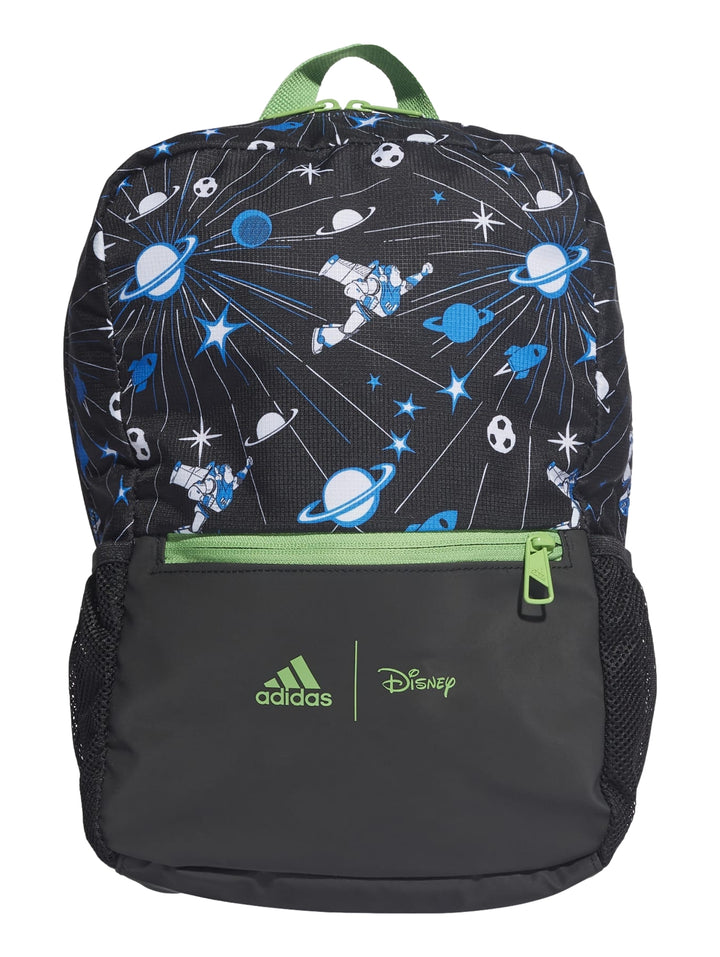Mochila Adidas negra con estampado de astronautas y planetas en la parte superior y detalles en verde.