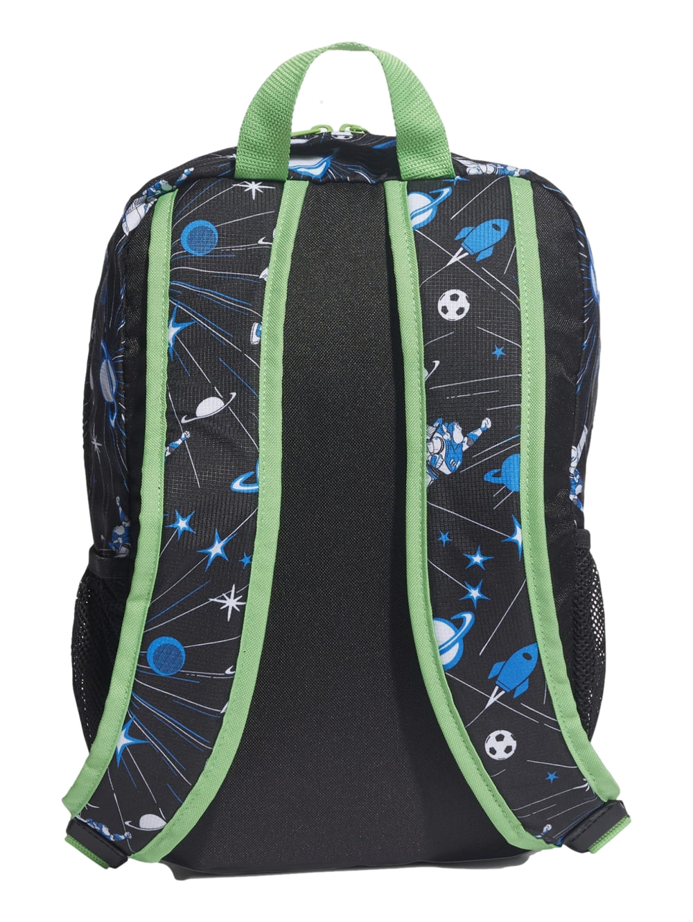 Mochila Adidas negra con estampado de astronautas y planetas en la parte superior y detalles en verde.
