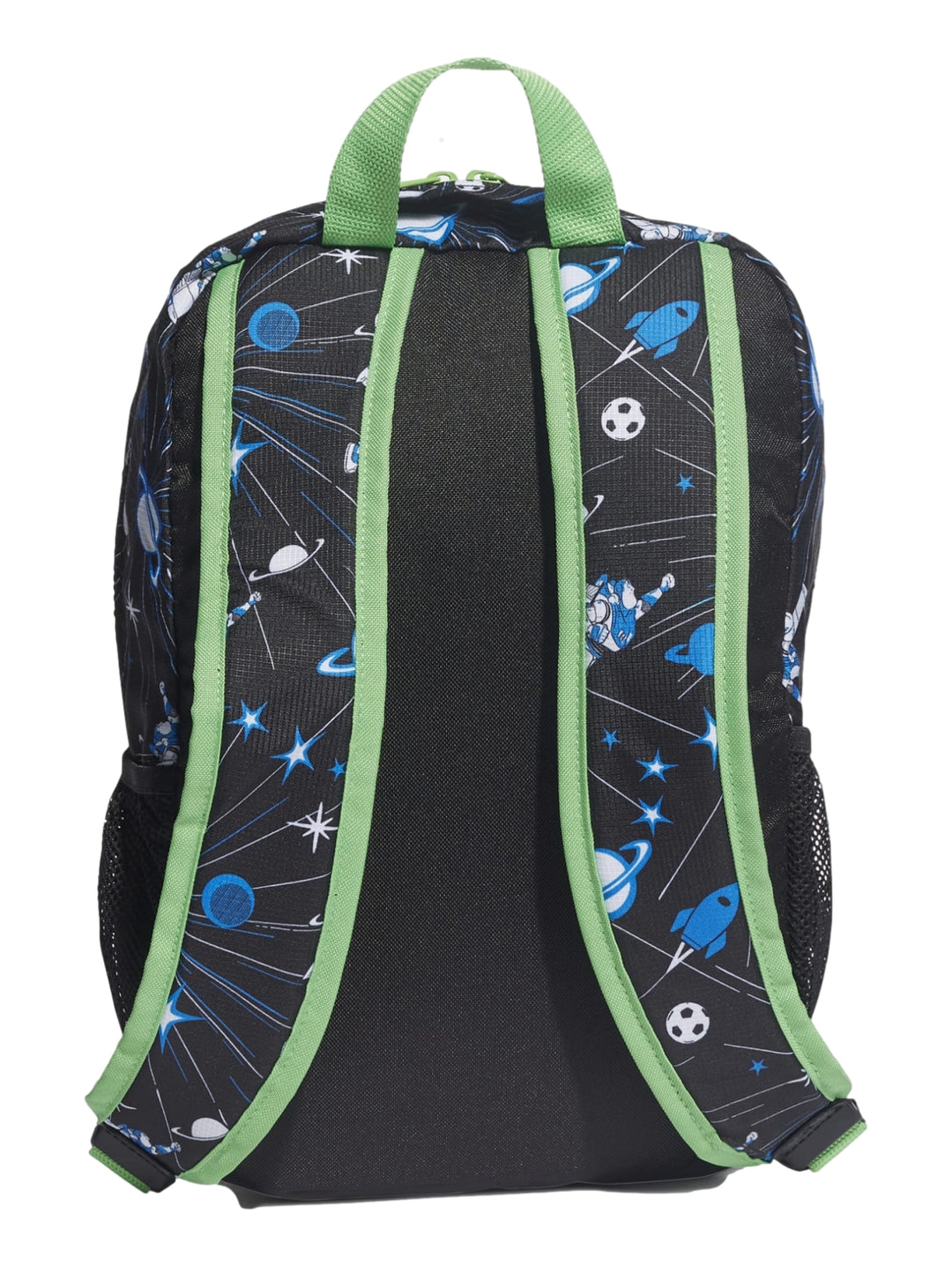 Mochila Adidas negra con estampado de astronautas y planetas en la parte superior y detalles en verde.
