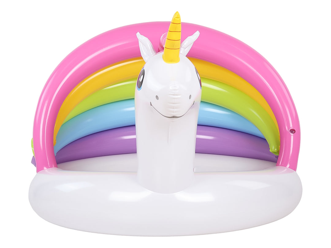 Alberca inflable para bebé con diseño de unicornio blanco y techo en forma de arcoíris multicolor.