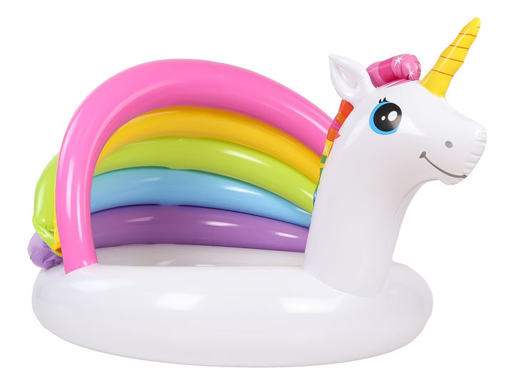Alberca inflable para bebé con diseño de unicornio blanco y techo en forma de arcoíris multicolor.