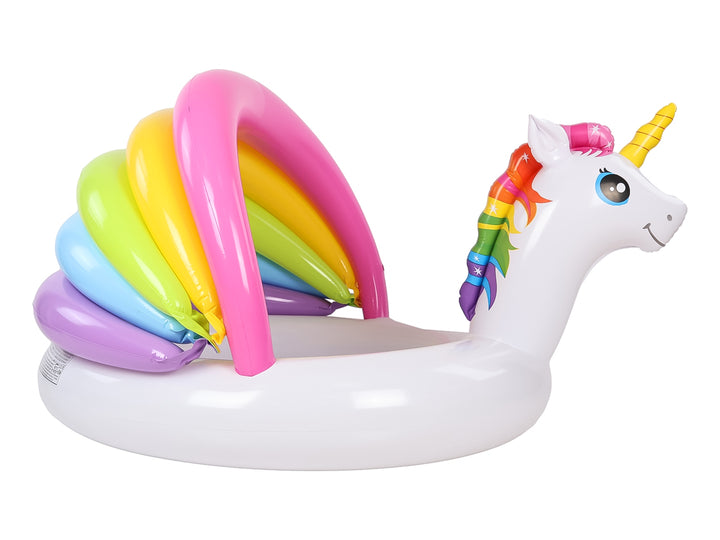 Alberca inflable para bebé con diseño de unicornio blanco y techo en forma de arcoíris multicolor.