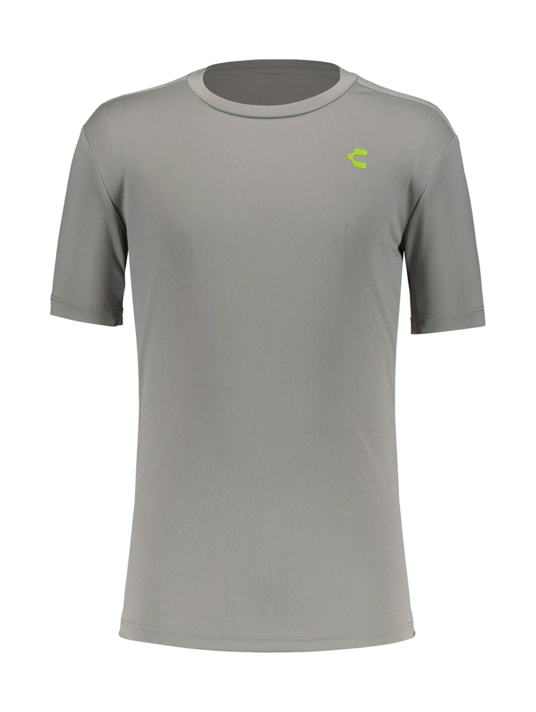 Playera deportiva color gris de manga corta y cuello redondo.