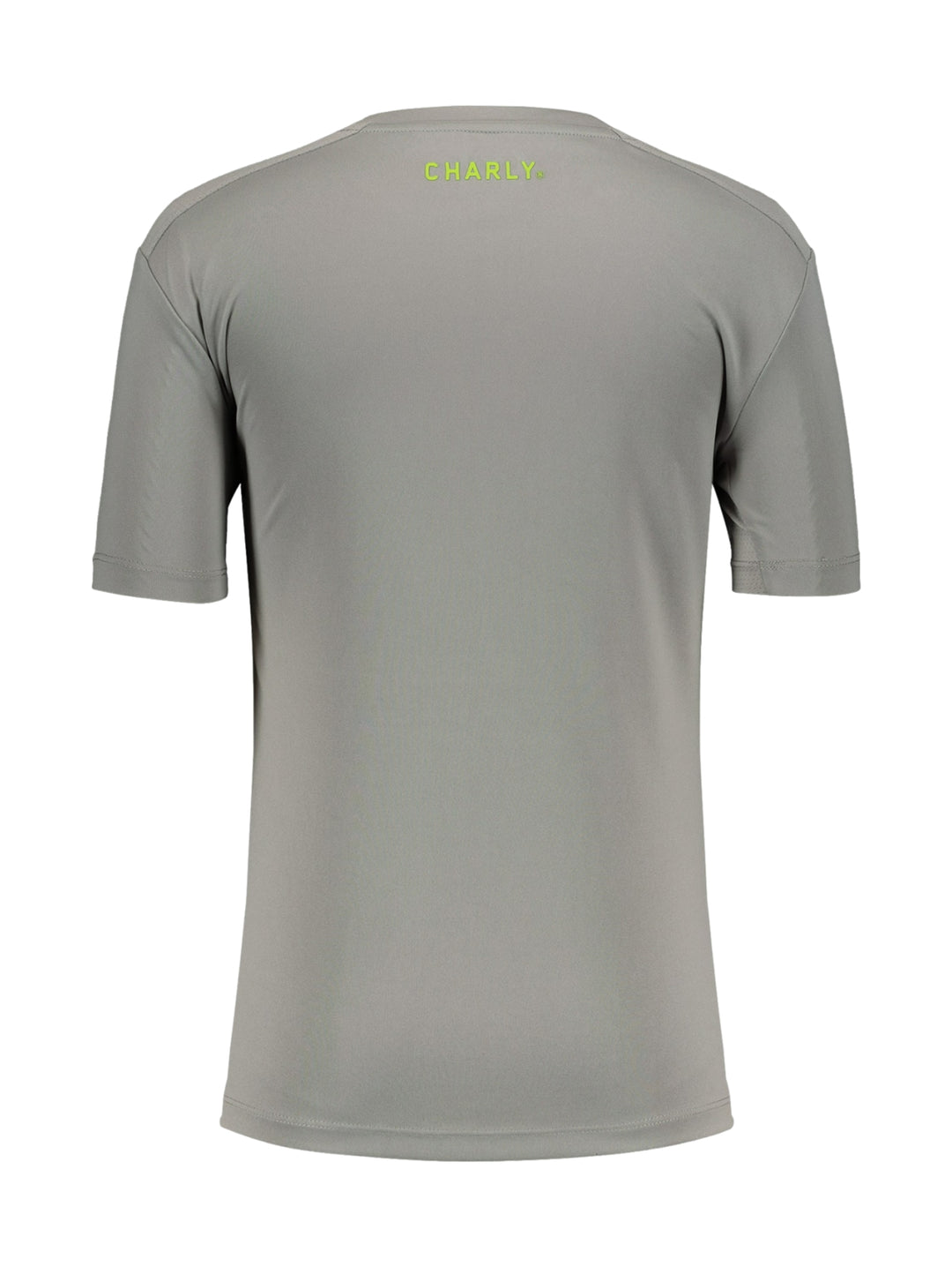 Playera deportiva color gris de manga corta y cuello redondo.