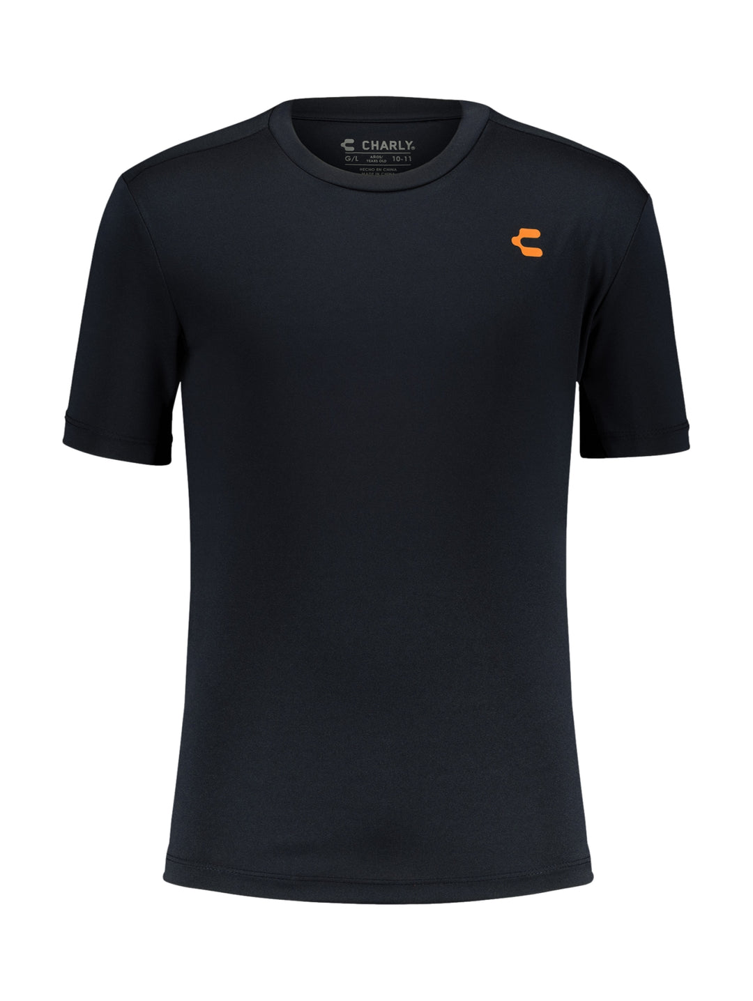 Playera deportiva de manga corta color marino con logotipo naranja en el pecho, marca Charly.
