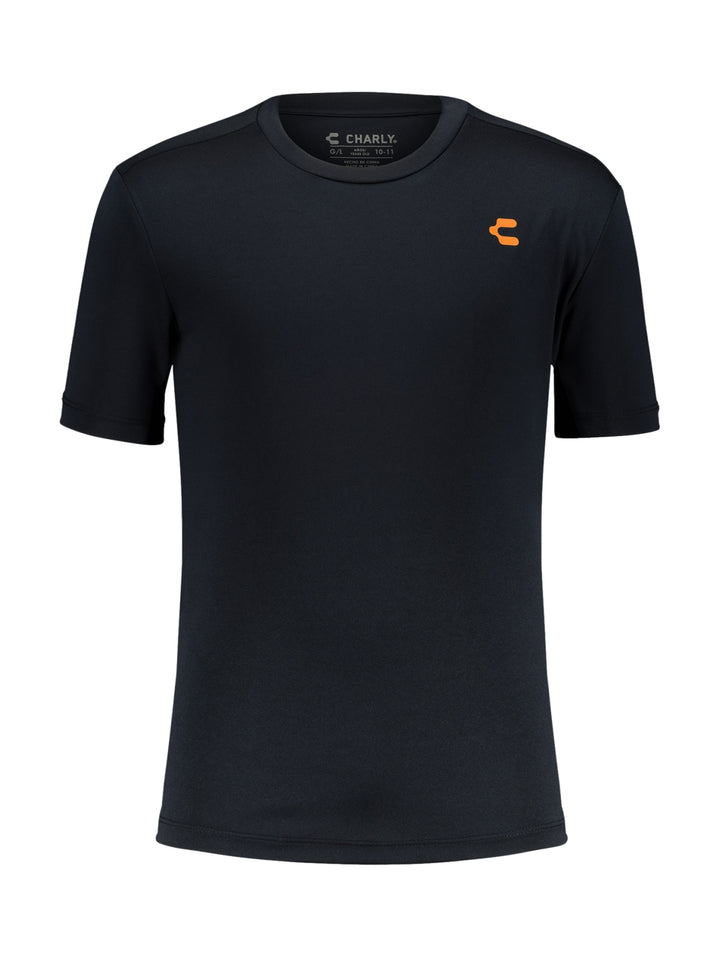 Playera deportiva de manga corta color marino con logotipo naranja en el pecho, marca Charly.