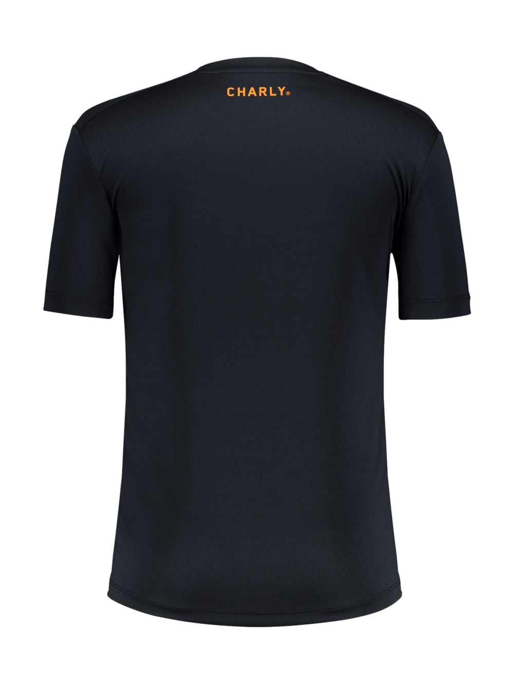 Playera deportiva de manga corta color marino con logotipo naranja en el pecho, marca Charly.