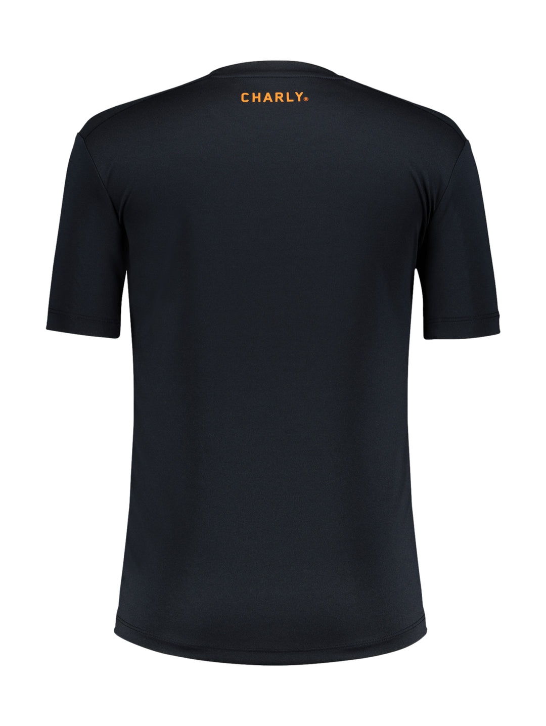 Playera deportiva de manga corta color marino con logotipo naranja en el pecho, marca Charly.