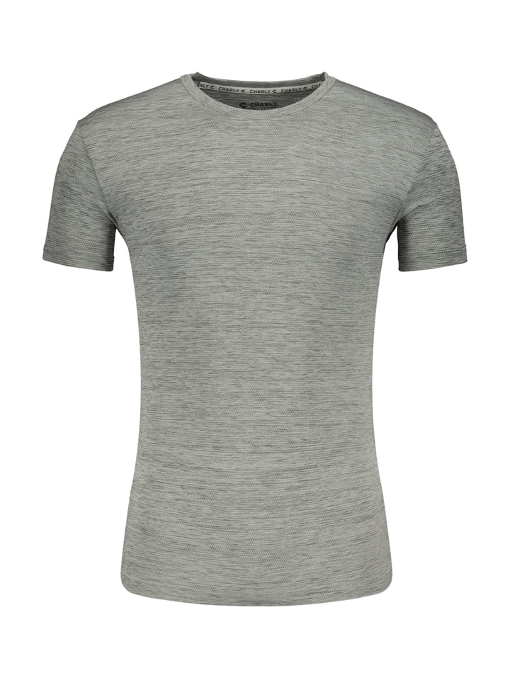 Playera deportiva Charly de manga corta y cuello redondo en color gris jaspeado.