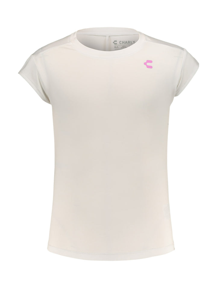 Playera deportiva de manga corta color blanco con logotipo rosa en el pecho, marca Charly.