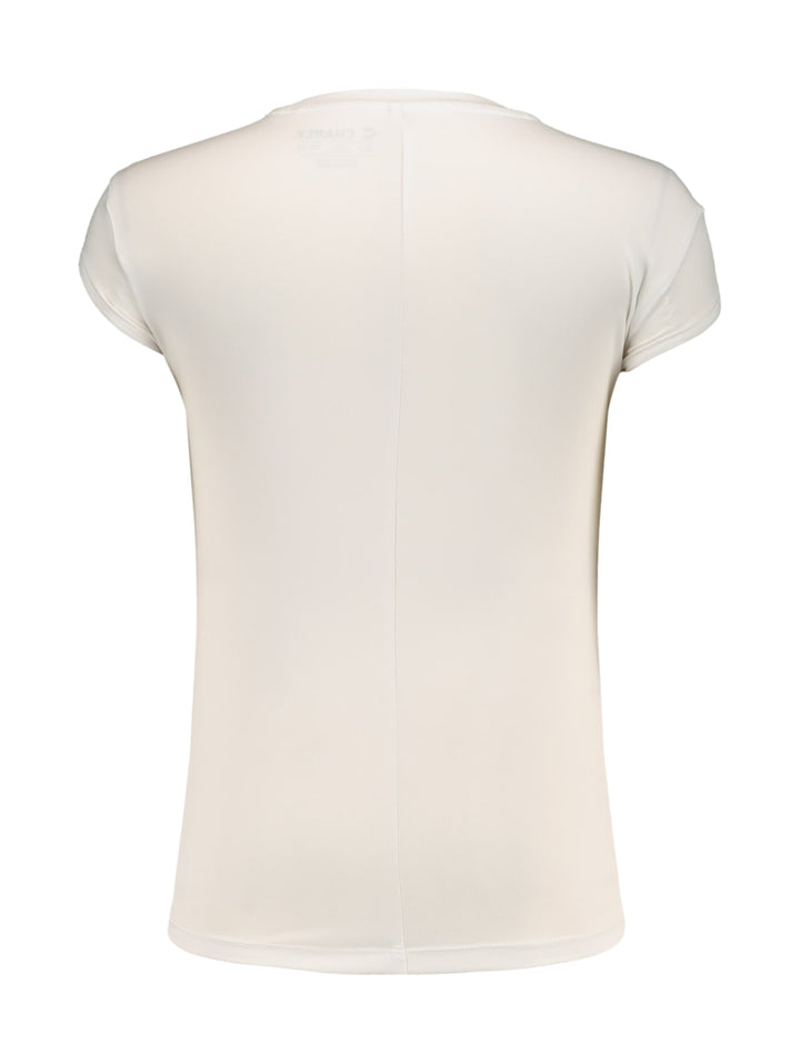 Playera deportiva de manga corta color blanco con logotipo rosa en el pecho, marca Charly.