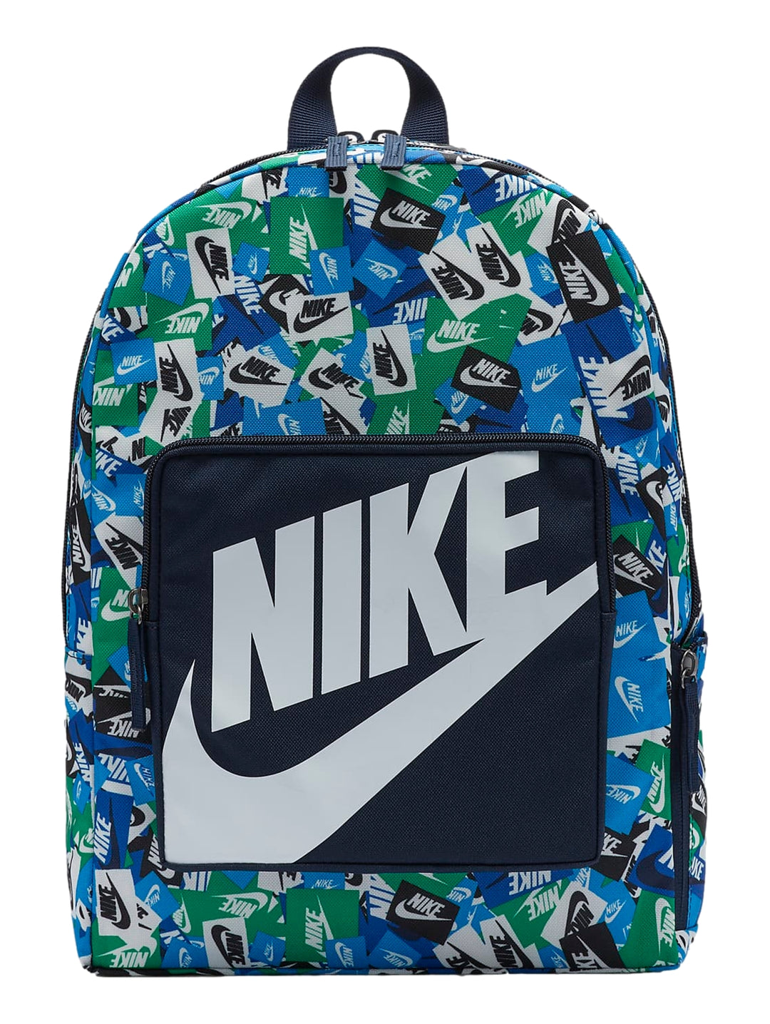 Mochila escolar Nike con estampado de logotipos en azul y verde y bolsillo frontal con logo grande blanco.