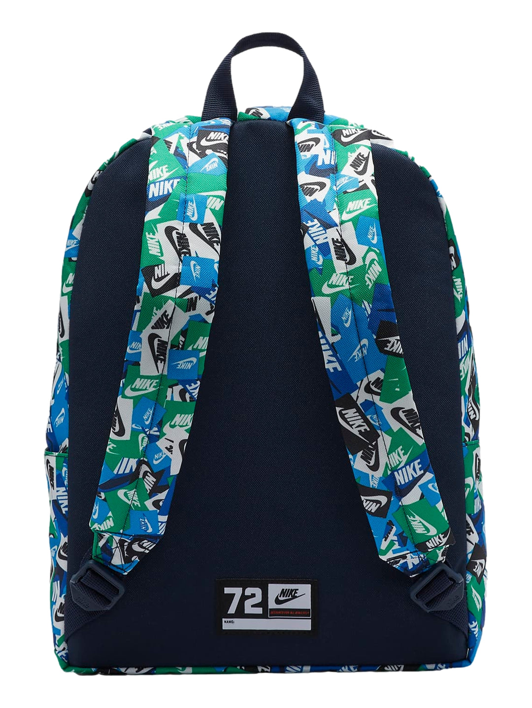 Mochila escolar Nike con estampado de logotipos en azul y verde y bolsillo frontal con logo grande blanco.