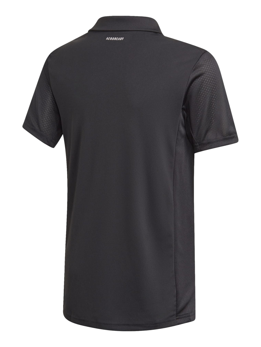 Camiseta polo deportiva Adidas de color negro con logotipo blanco en el pecho y cuello clásico.