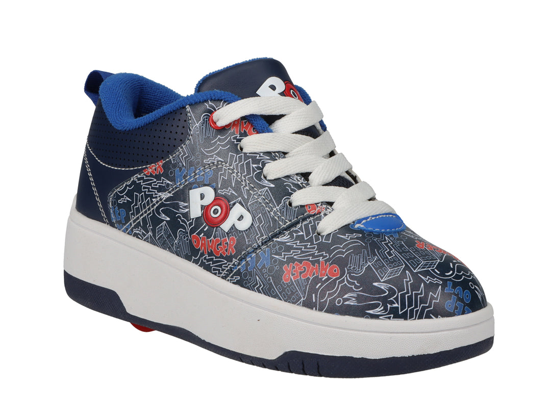 Tenis Heelys color azul marino con suela blanca y detalles gráficos en rojo y blanco.