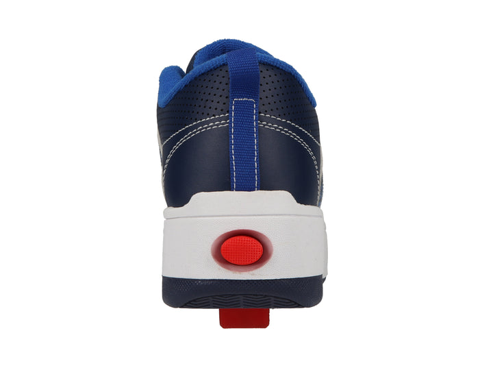 Tenis Heelys color azul marino con suela blanca y detalles gráficos en rojo y blanco.