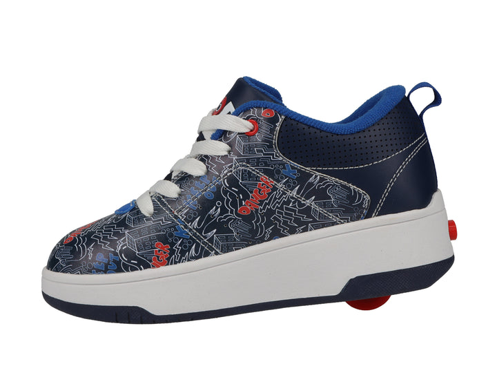 Tenis Heelys color azul marino con suela blanca y detalles gráficos en rojo y blanco.