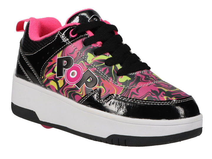 Tenis Heelys negros con estampado de remolinos rosa y amarillo, suela blanca y acabado brillante.