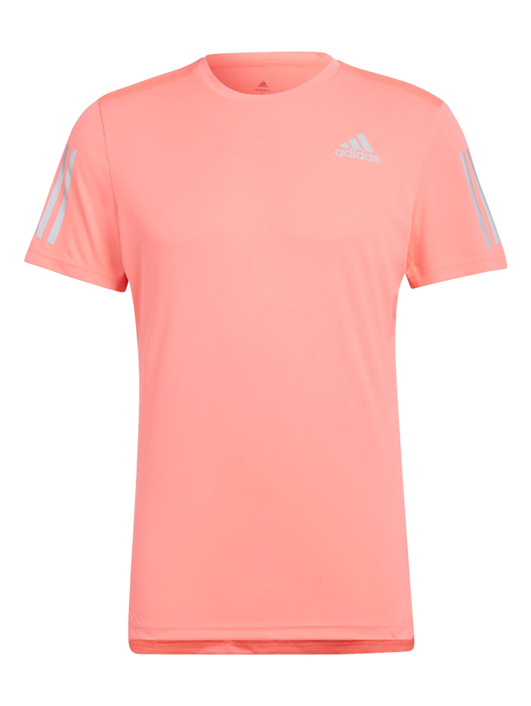 Hombre vistiendo playera deportiva Adidas color rojo ácido con detalles reflectantes en plata.