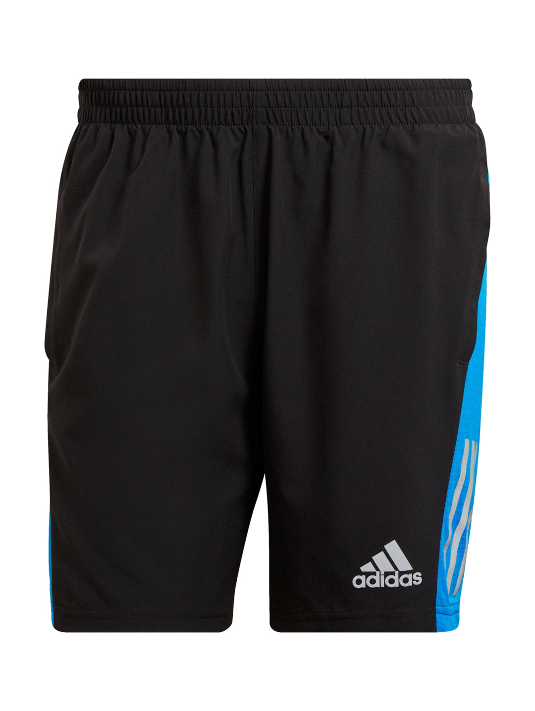 Short deportivo Adidas color negro con detalles laterales en azul para hombre.