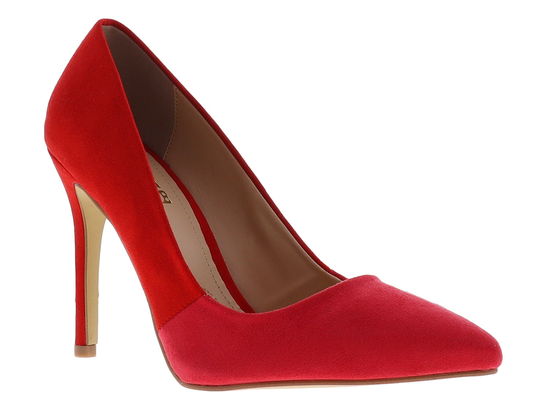 Zapato de tacón alto color rojo con acabado mate y punta redondeada para mujer.