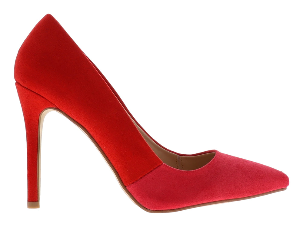 Zapato de tacón alto color rojo con acabado mate y punta redondeada para mujer.