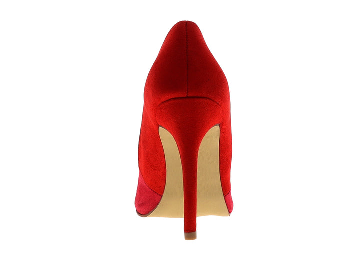 Zapato de tacón alto color rojo con acabado mate y punta redondeada para mujer.