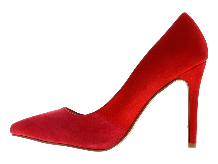Zapato de tacón alto color rojo con acabado mate y punta redondeada para mujer.