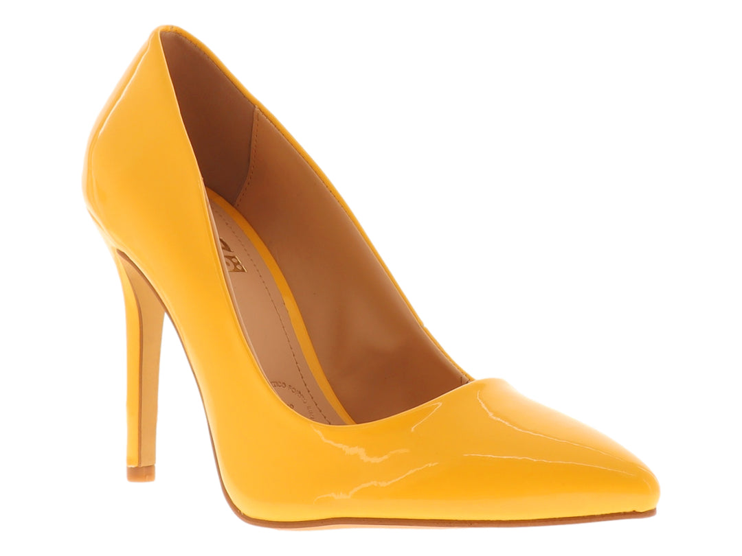 Zapato de tacón alto estilo stiletto en color amarillo brillante con acabado de charol para mujer.