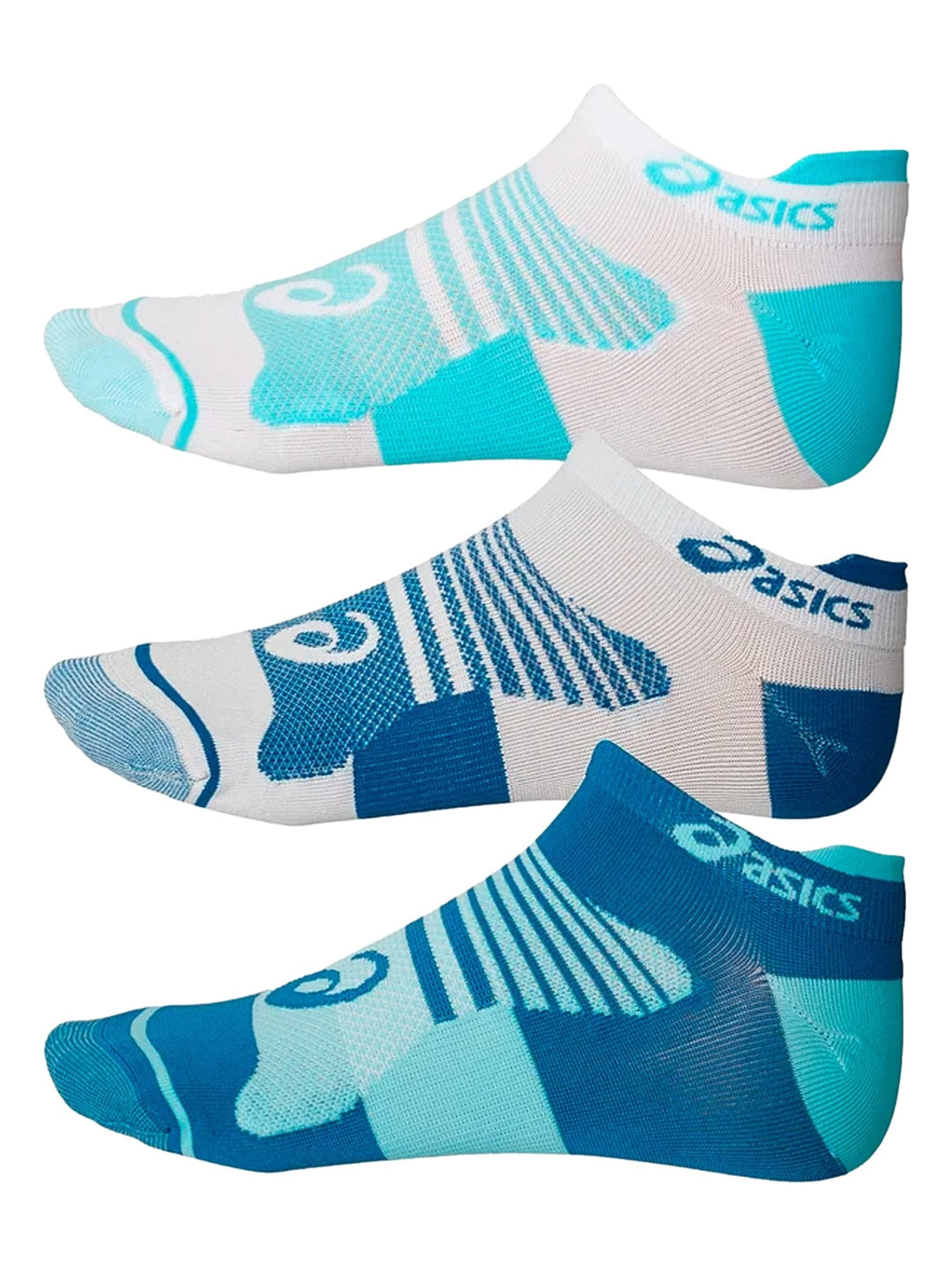 Paquete de tres pares de calcetines deportivos Asics en colores blanco, menta y azul profundo.