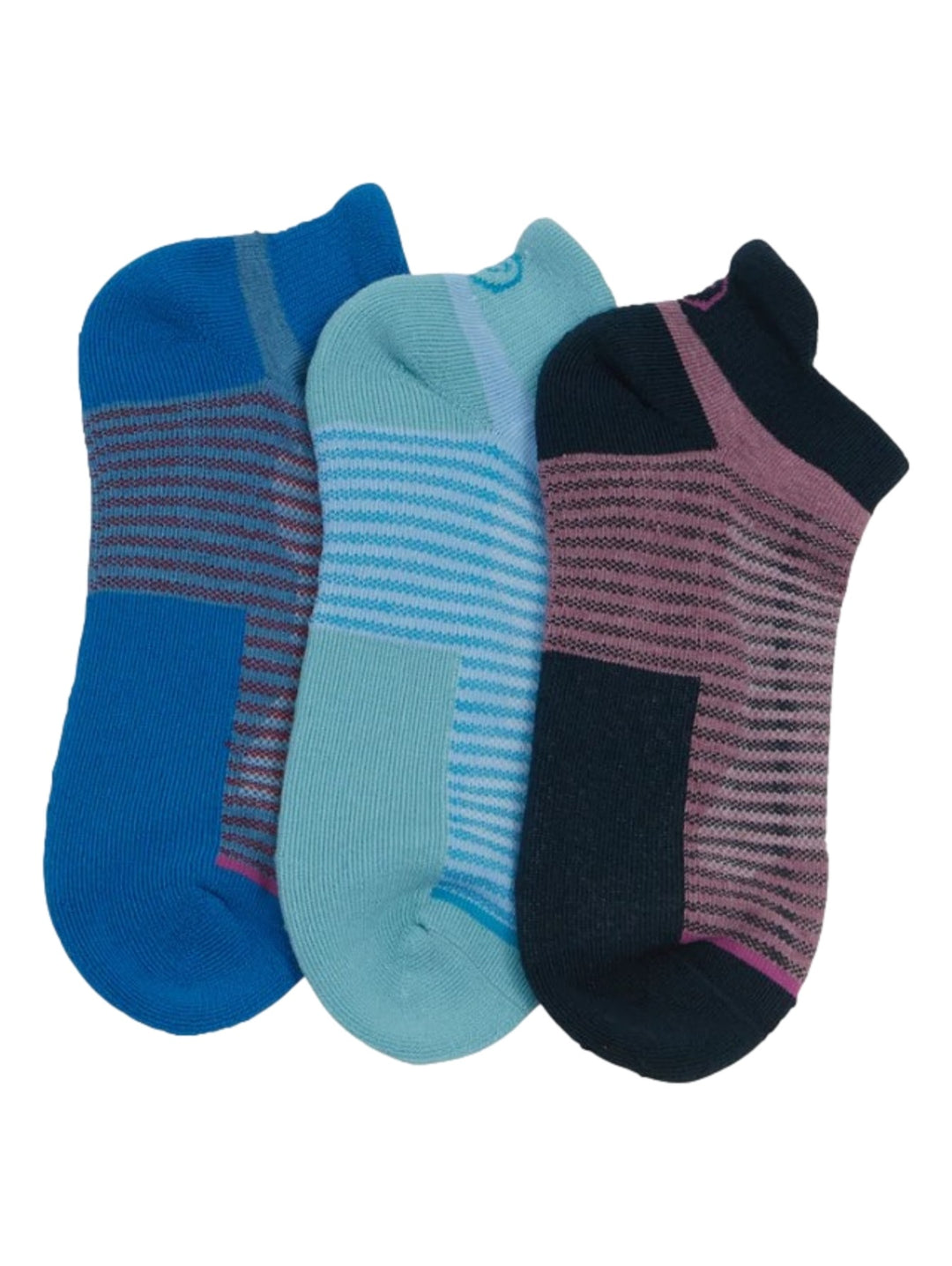 Set de tres pares de calcetines deportivos ASICS en colores azul, celeste y morado con detalles de rayas.