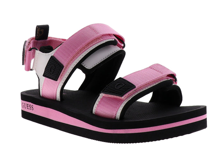 Sandalia Guess para mujer en colores rosa y negro con correas ajustables y suela de plataforma.