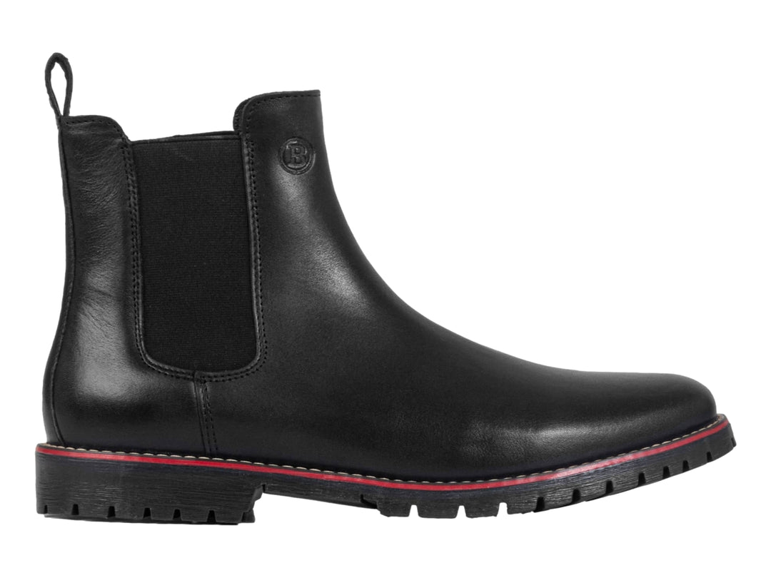 Botín negro de piel para hombre con detalle rojo en la suela y panel elástico lateral.